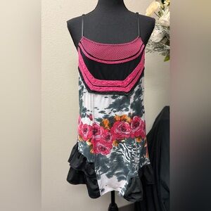 Bacci Unique Summer Pink Floral & Black Ruffle Hem Dress - event ready Size L